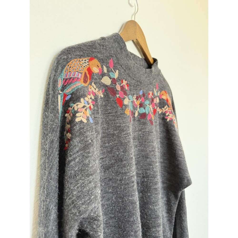 THML Sweater Womens Small Gray Embroidered Bird Floral Mock Neck Dolman Knit - Picture 3 of 8